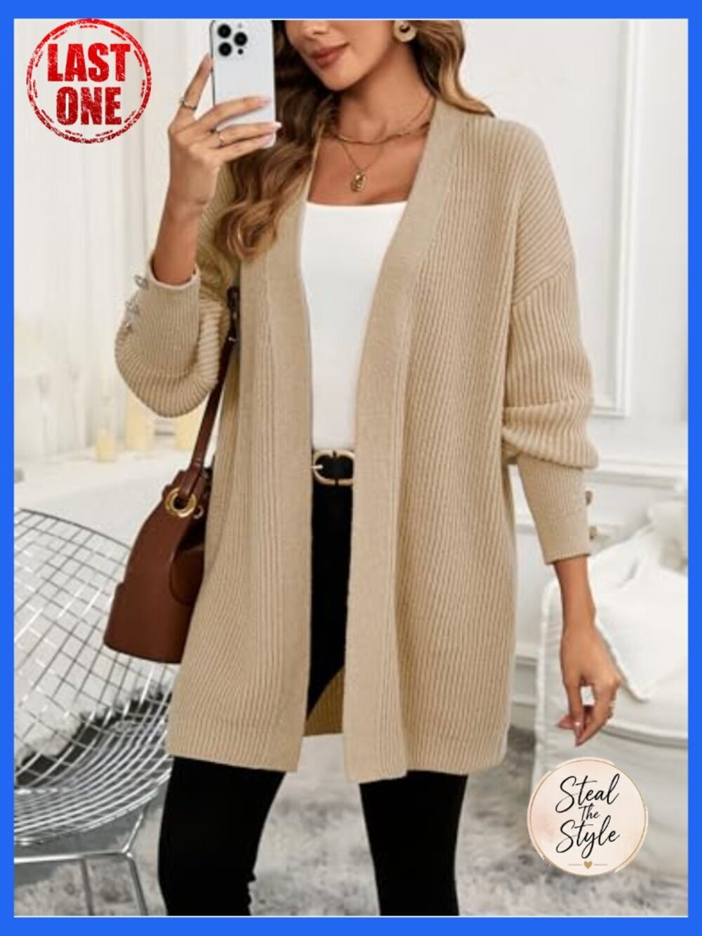 Oversized Chunky Knit Cardigan Open Front Long Sleeve Boho Sweater - Picture 4 of 5